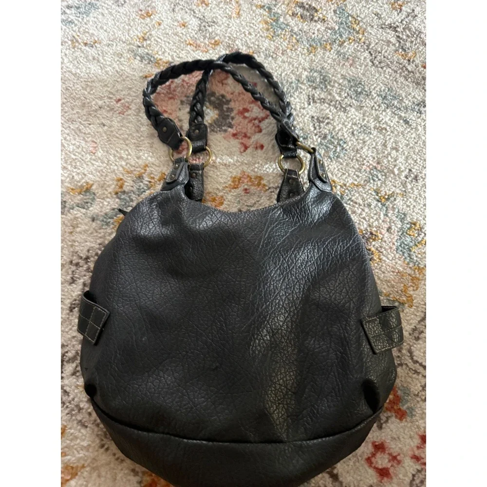 Black Faux Leather Hobo Bag Braided Straps Gold Buckle Slouchy Shoulder Purse